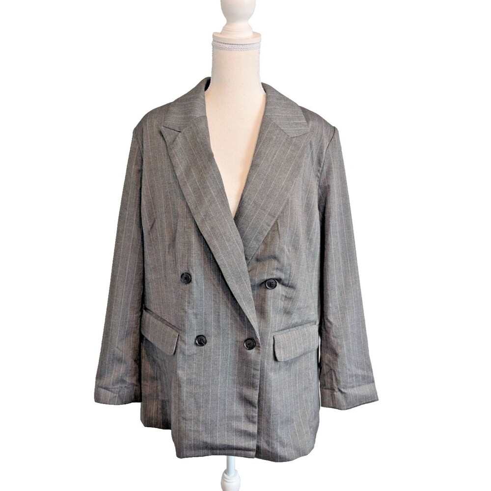 A New Day Women's Gray Blazer Jacket With White Striped Size XXL
